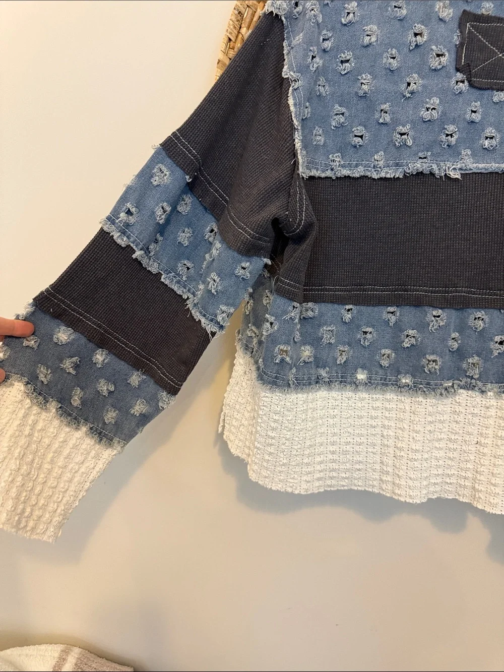 Pol Distressed Patchwork Pullover - Blue, Dark Gray, Cream - Picture 10 of 15